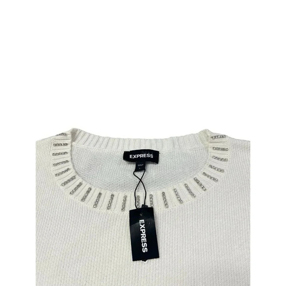 Express Sweater Ivory Rhinestone Embellished Womens L Elegant Jewel Holiday NEW - Picture 2 of 10